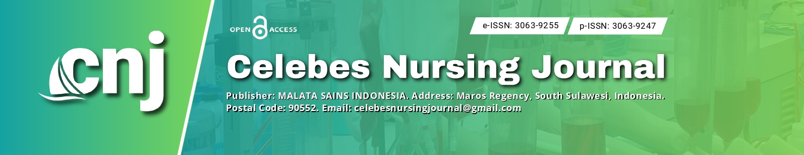 The Celebes Nursing Journal (CNJ), with e-ISSN: 3063-9255 (online), and p-ISSN: 3063-9247 (print), is an open-access scientific journal that features original research, review articles, and case reports addressing nursing topics worldwide.